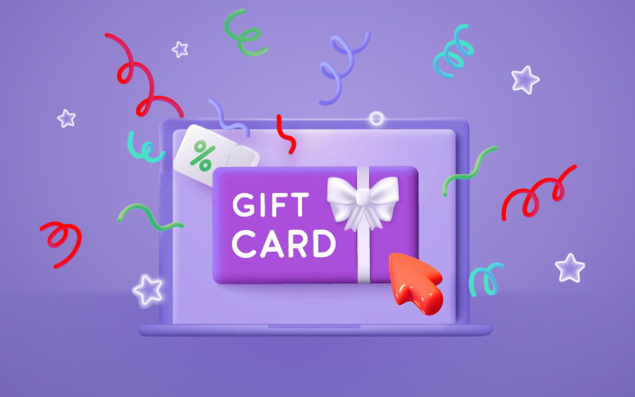 A purple laptop's computer screen showing an online gift card, surrounded by confetti for Confetti's virtual gift cards for employees