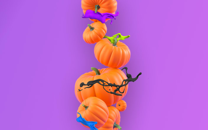 Four pumpkins falling with swirls of paint surrounding them for Confetti's Halloween Pumpkin Painting (Preview)