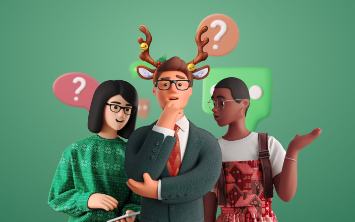 Three people dressed in festive attire making guesses with various question mark speech bubbles for Confetti's Virtual Holiday Team Building Games