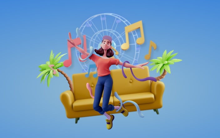 Music notes surrounding a person in front of their couch for Confetti's Virtual Music Festival