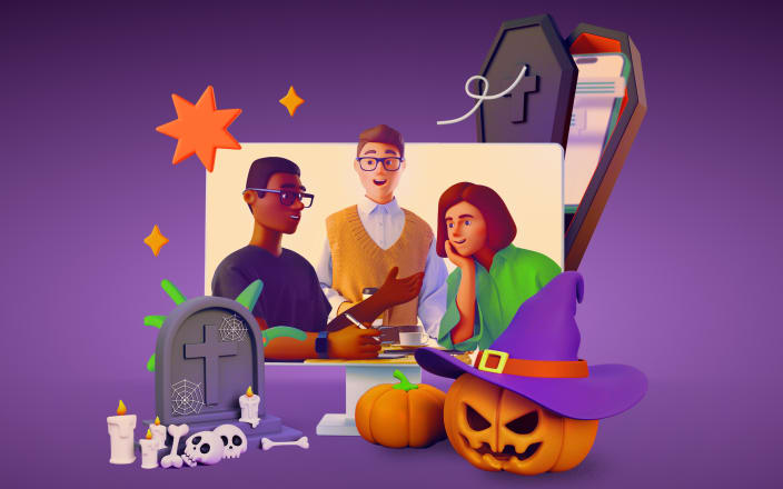 Three coworkers interacting at a work mixer with Halloween themed decorations (preview)