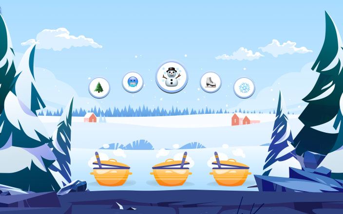 A wintery scene of reindeer in front of a snowy town for Confetti's Virtual Holiday Team Games