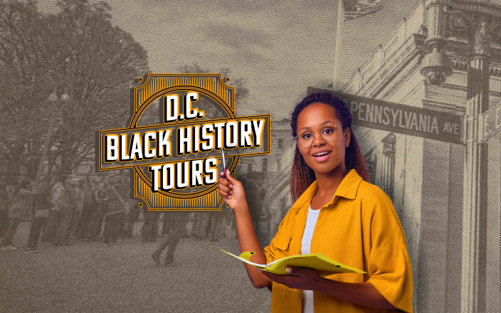 Tour guide with a pen and paper pointing at the text 'D.C. Black History Tours'