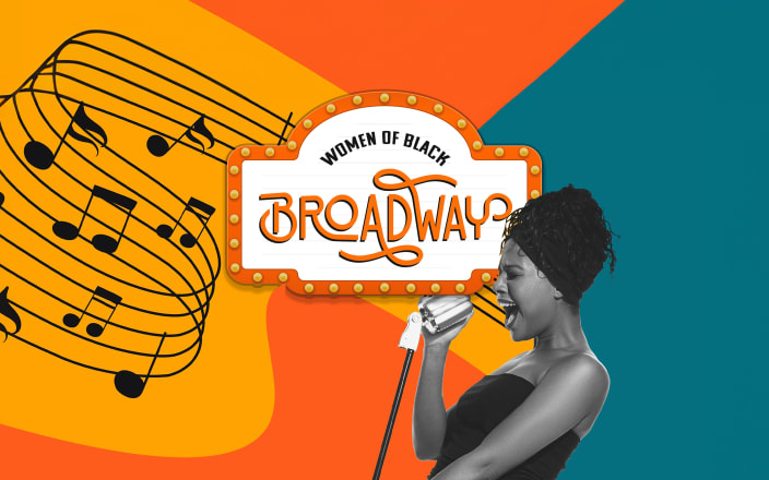 Black woman singing into a microphone with the text 'Women of Black Broadway'