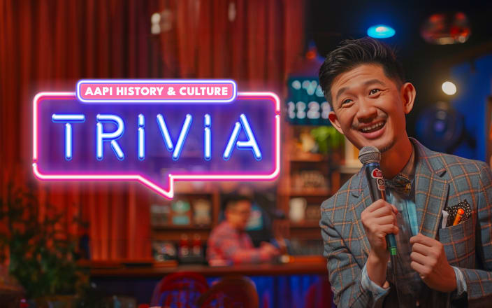 Man holding a microphone with the text 'AAPI History & Culture Trivia'