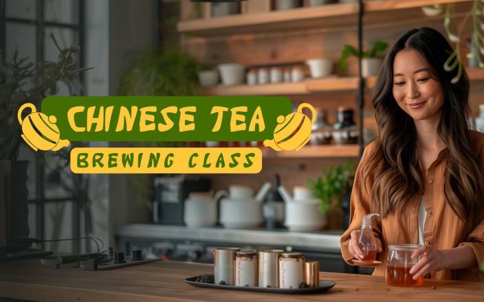 Woman brewing tea in a wooden tearoom with the text 'Chinese Tea Brewing Class'