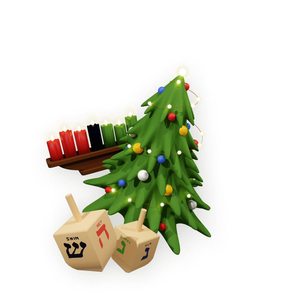 Christmas tree, dreidel, and menorah for Virtual Holiday Team Building Activities