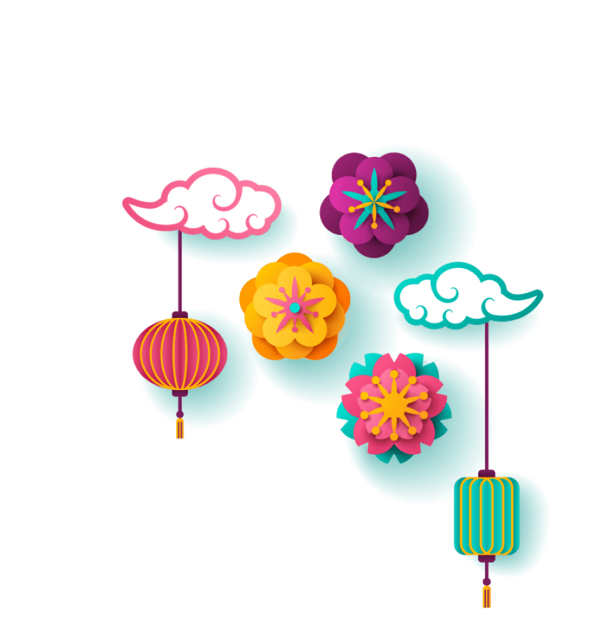 Flowers and lanterns hanging from clouds for AAPI Month Activities