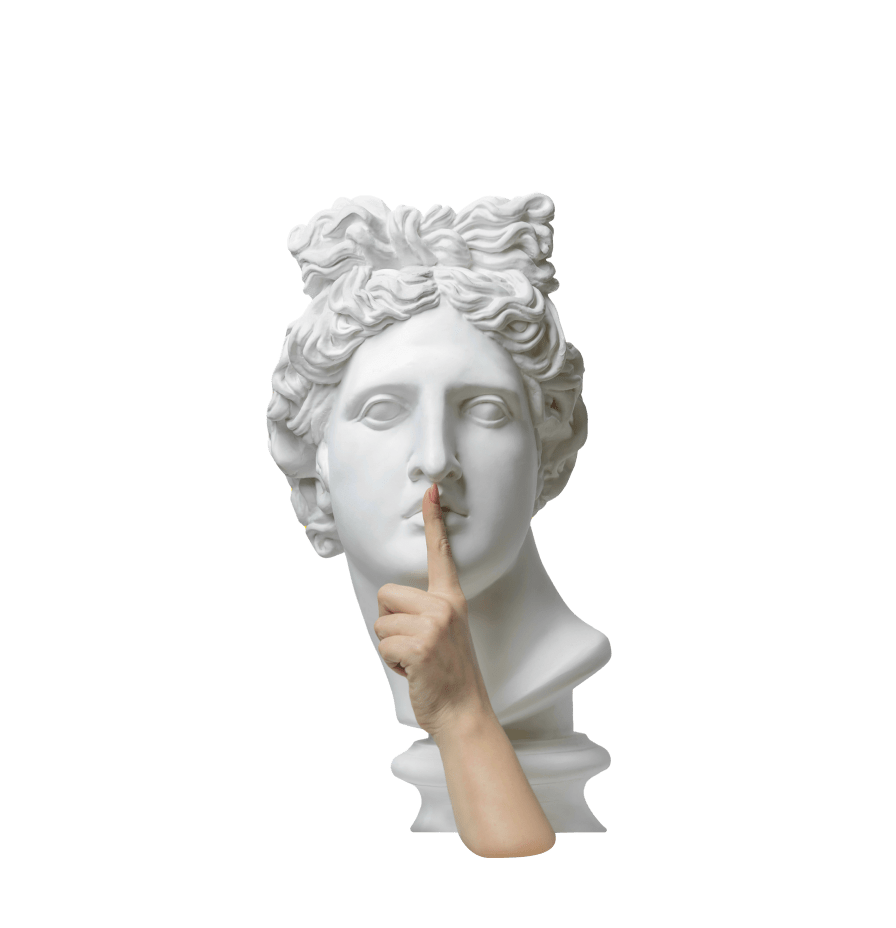 Hand raised to a sculpture's mouth