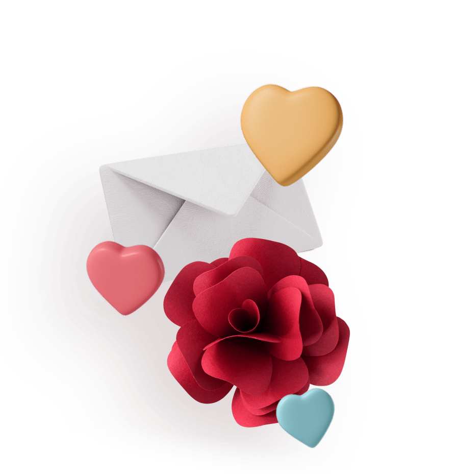 Envelope, rose, and hearts for Virtual Valentine's Day Events