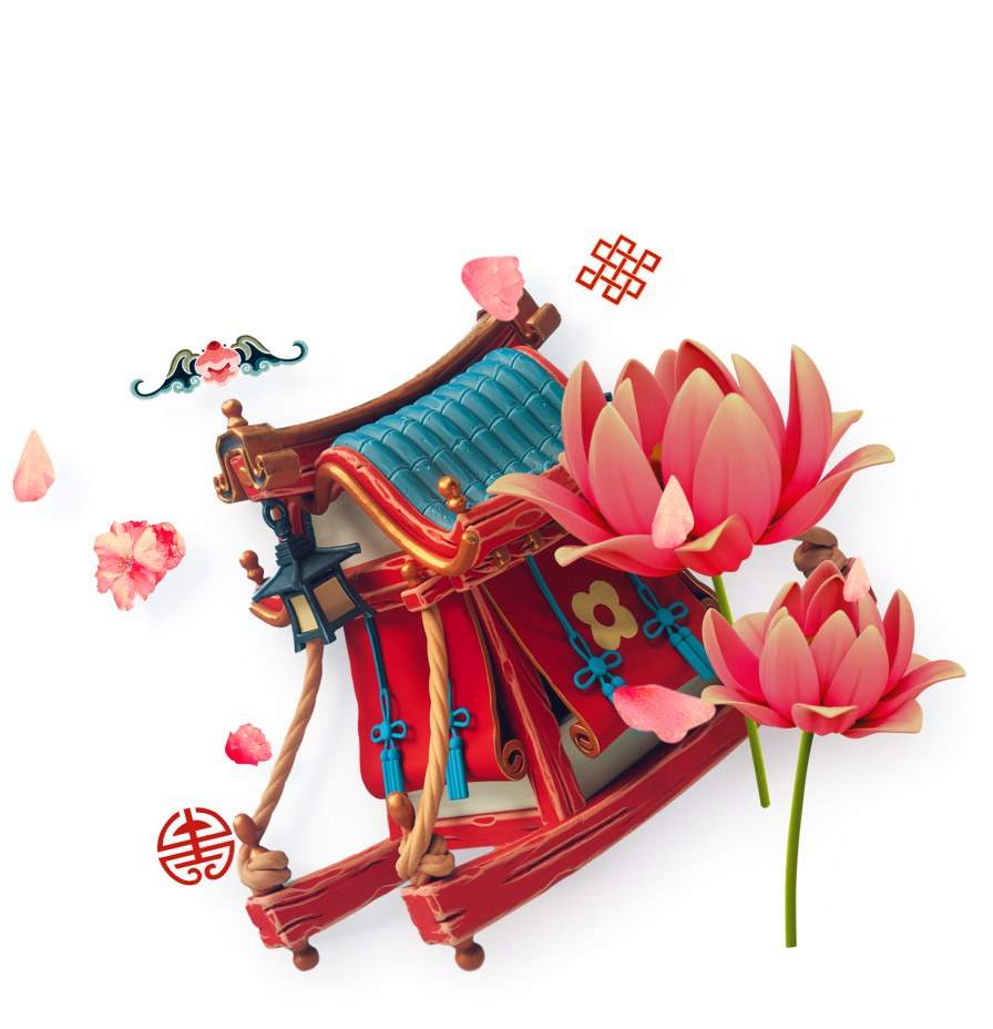 Palanquin with lotus flowers and decorative Asian symbols