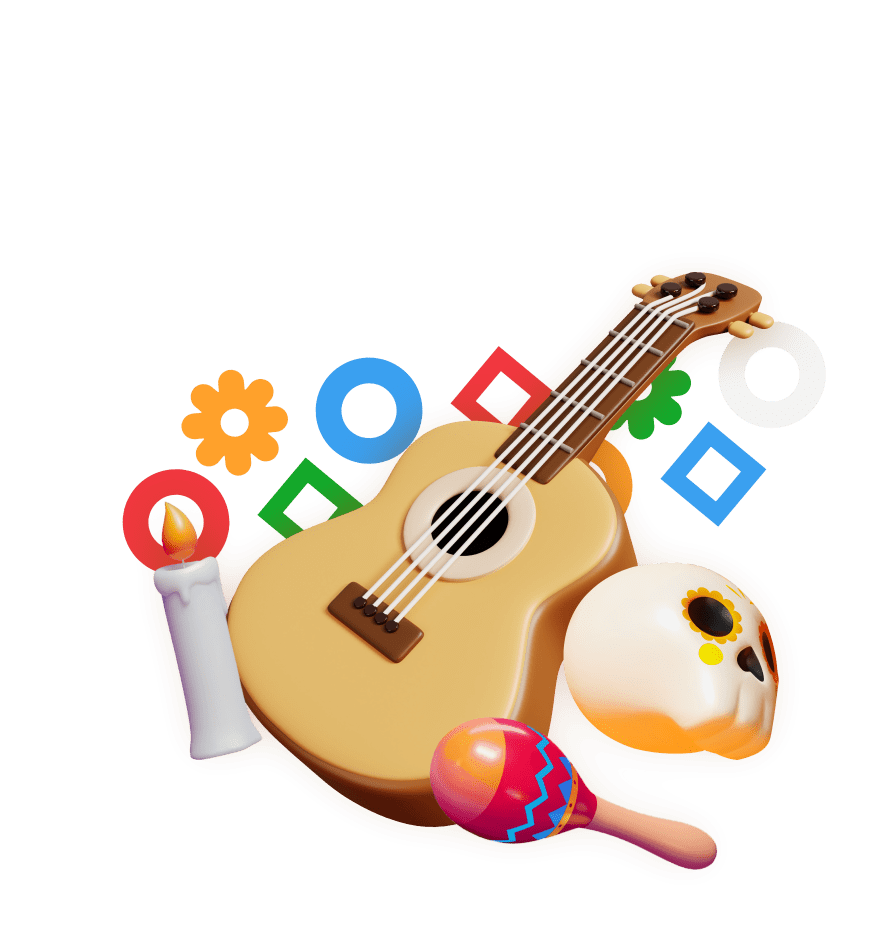 Acoustic guitar, candle, maraca, and sugar skull for Hispanic Heritage Activities