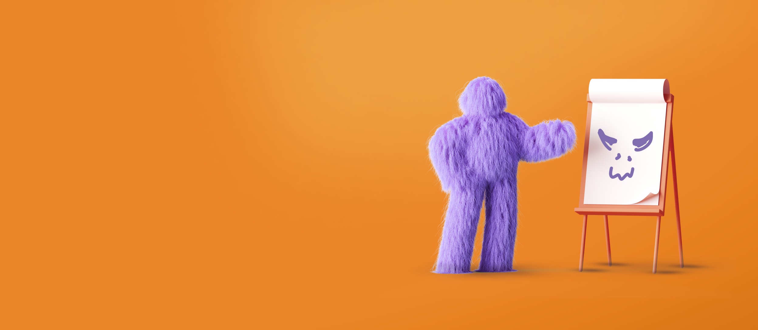 Fluffy purple monster standing in front of an easel and pad (Large)