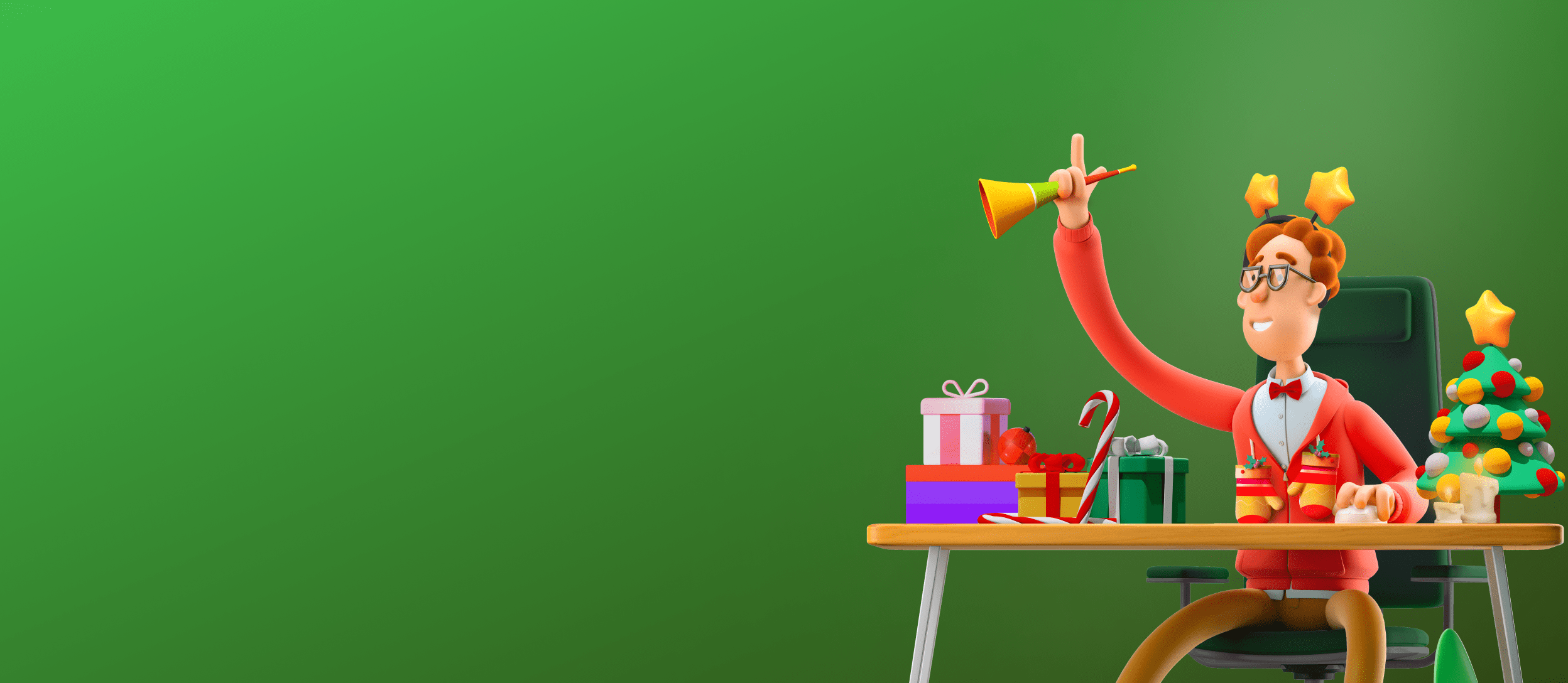 Festive employee raising their hand at their desk surrounded by presents, candles, and a Christmas tree for Confetti's Winter Holiday Trivia