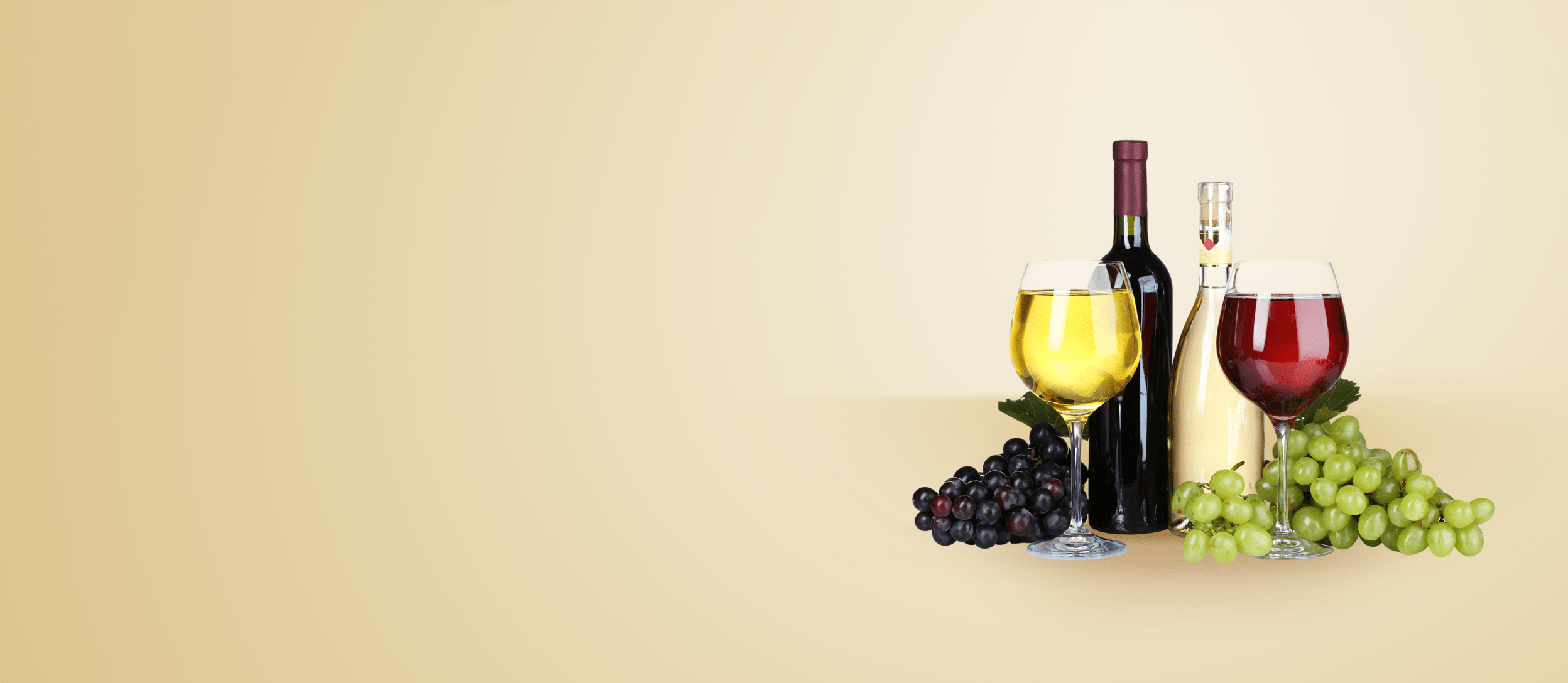 Glasses of red wine and white wine, bottles of wine, and grapes (large)