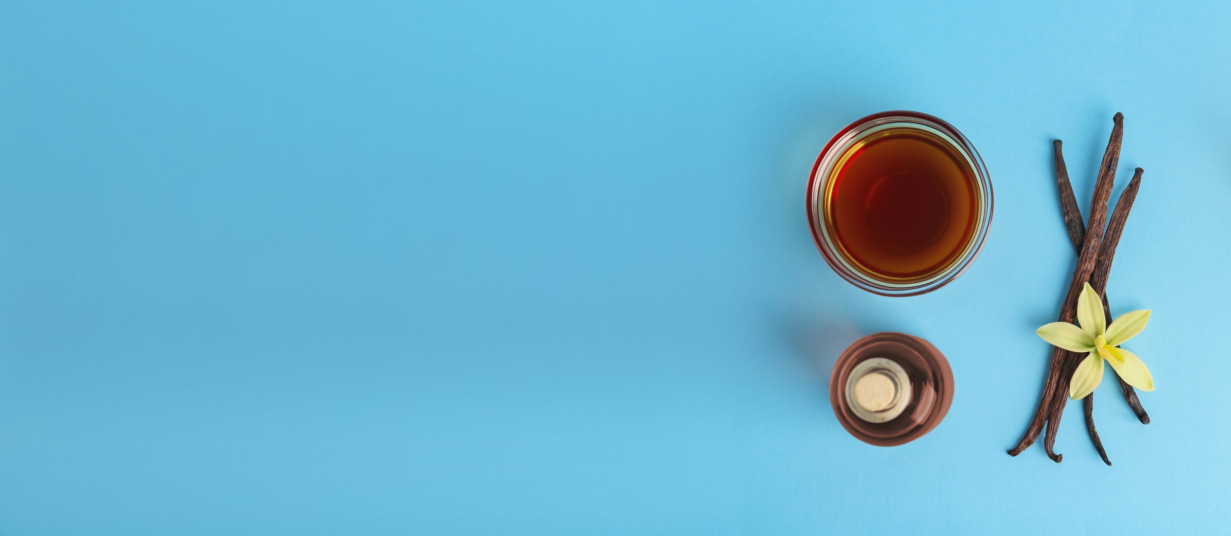 Glass of whiskey and vanilla bean against a blue background (large)