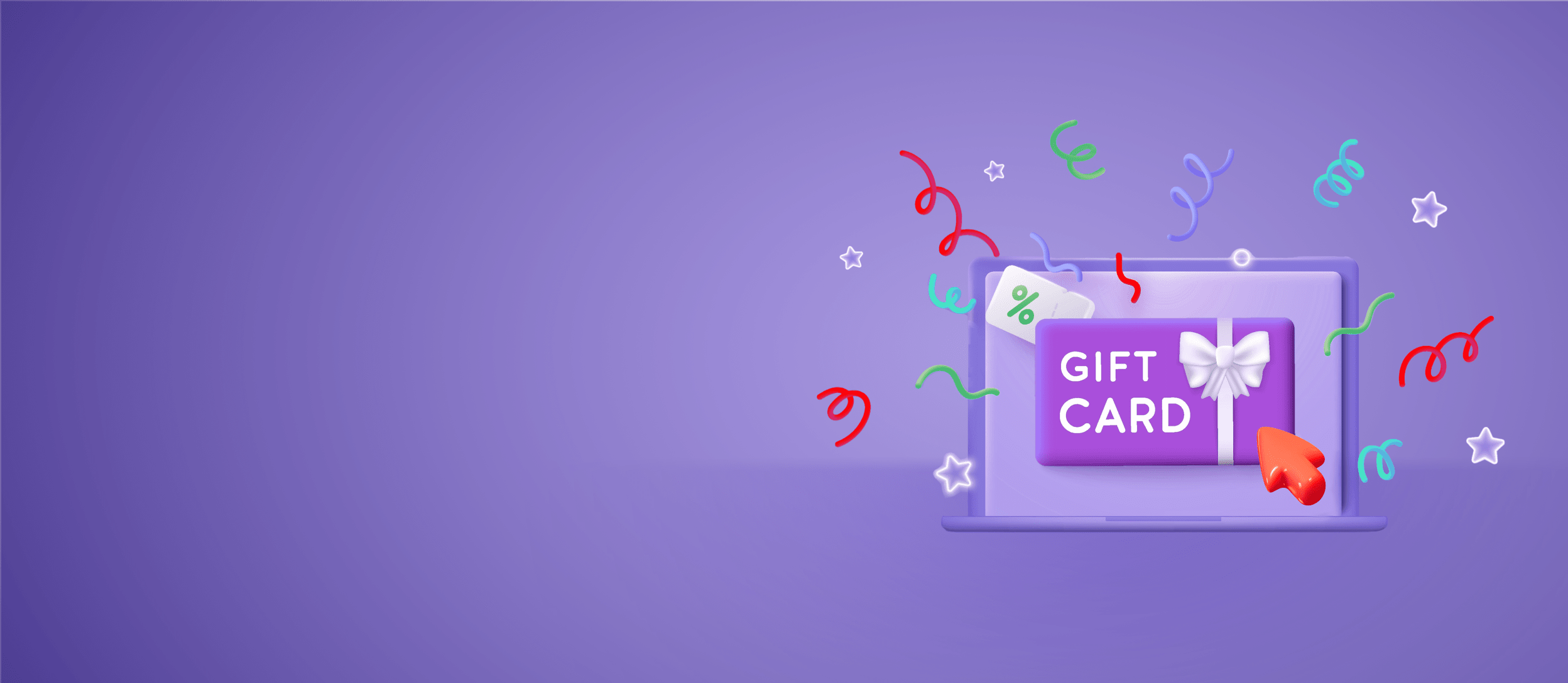 A purple laptop's computer screen showing an online gift card, surrounded by confetti for Confetti's virtual gift cards for employees