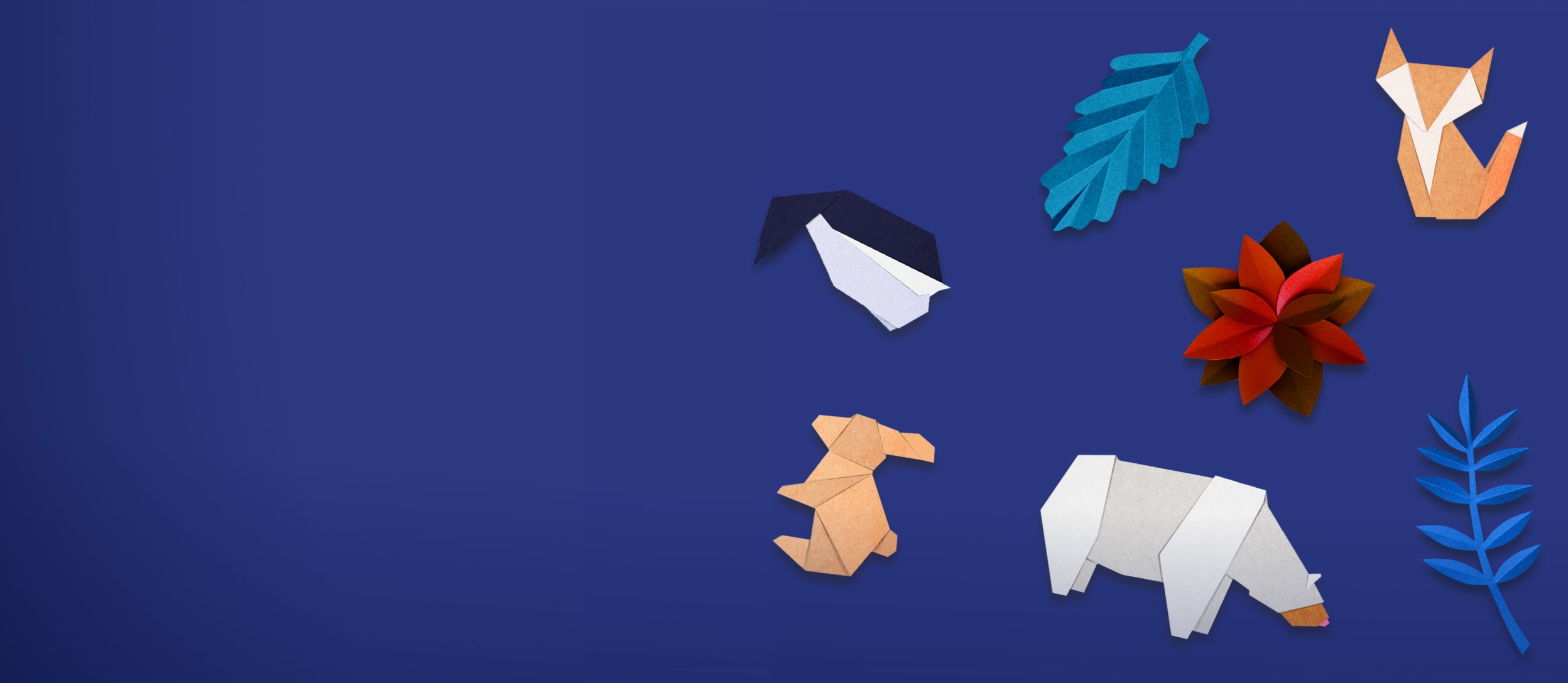 Origami shaped like winter animals and foliage for Confetti's Winter Origami Class (Large)