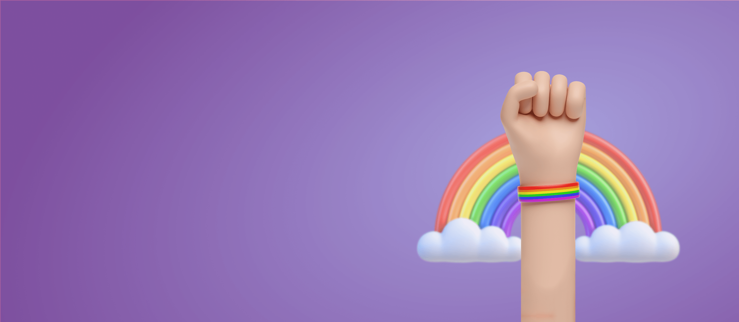 A raised fist in front of a big rainbow for Confetti's Virtual Allyship Workplace