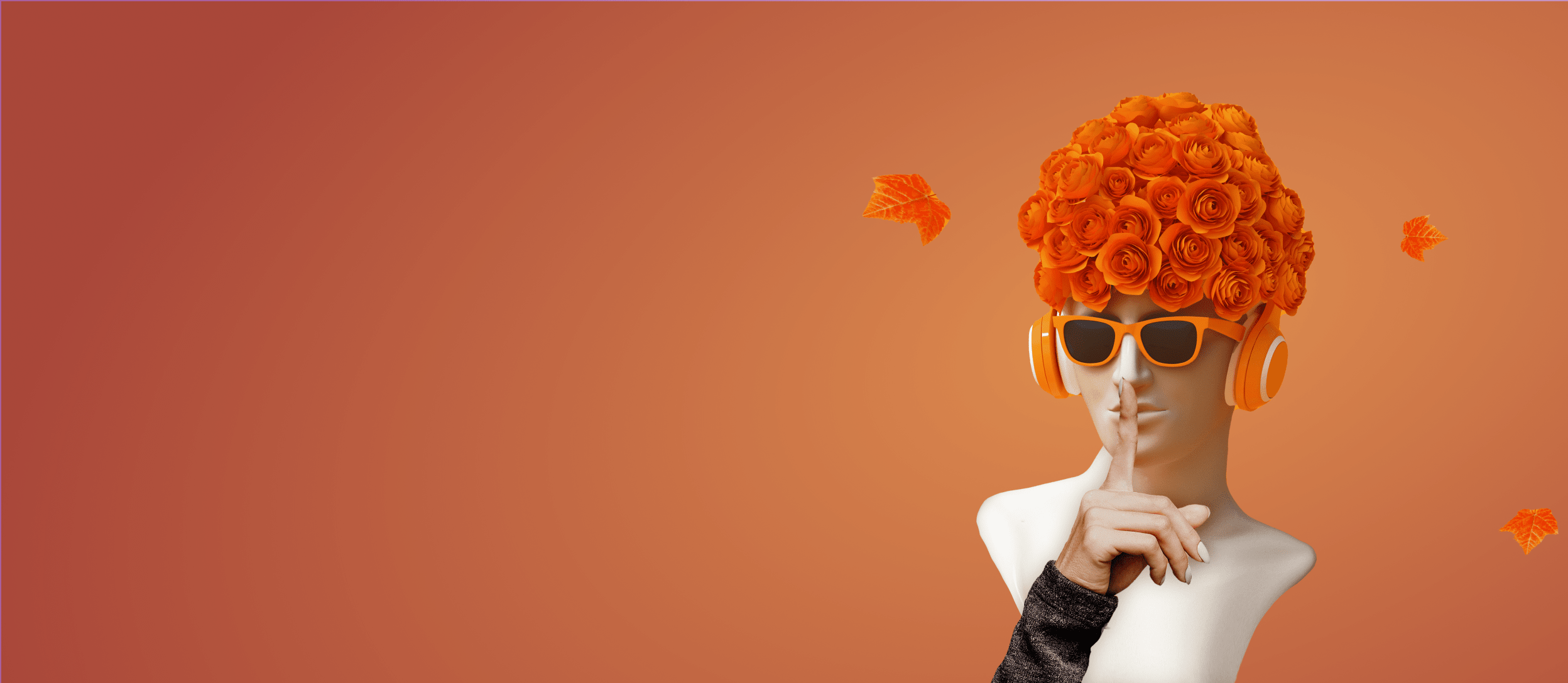 A statue head wearing orange headphones with autumnal flowers on its head with a finger in front of it's mouth in a 'silencing' gesture for Confetti's Virtual Team Building Taboo