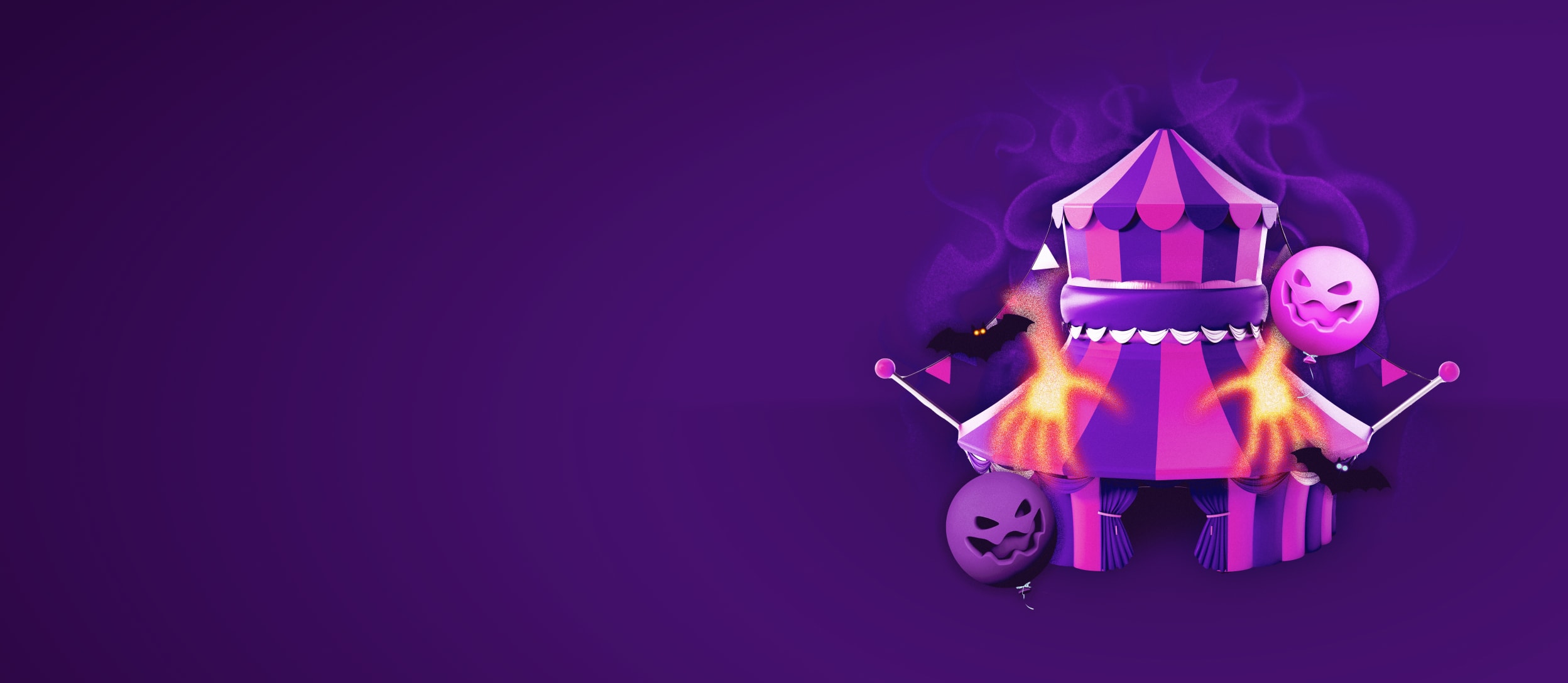 Spooky circus tent surrounded by jack-o-lanterns and spooky glowing hands for Confetti's Virtual Halloween Escape Games