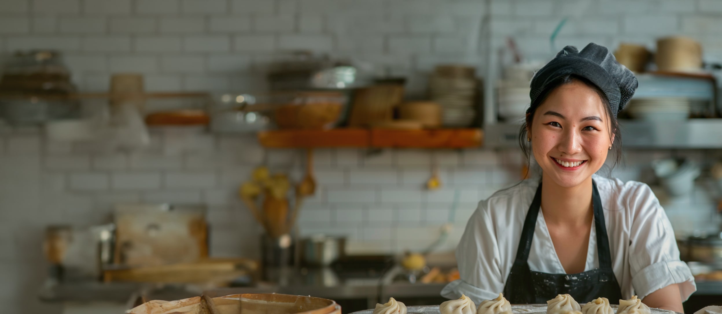 Smiling woman wearing an apron in a kitchen with a basket of steamed dumplings