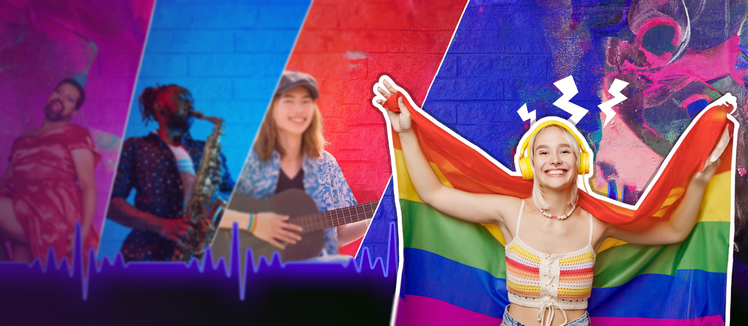 Woman wearing headphones holding a Pride flag with LGBT artists in the background