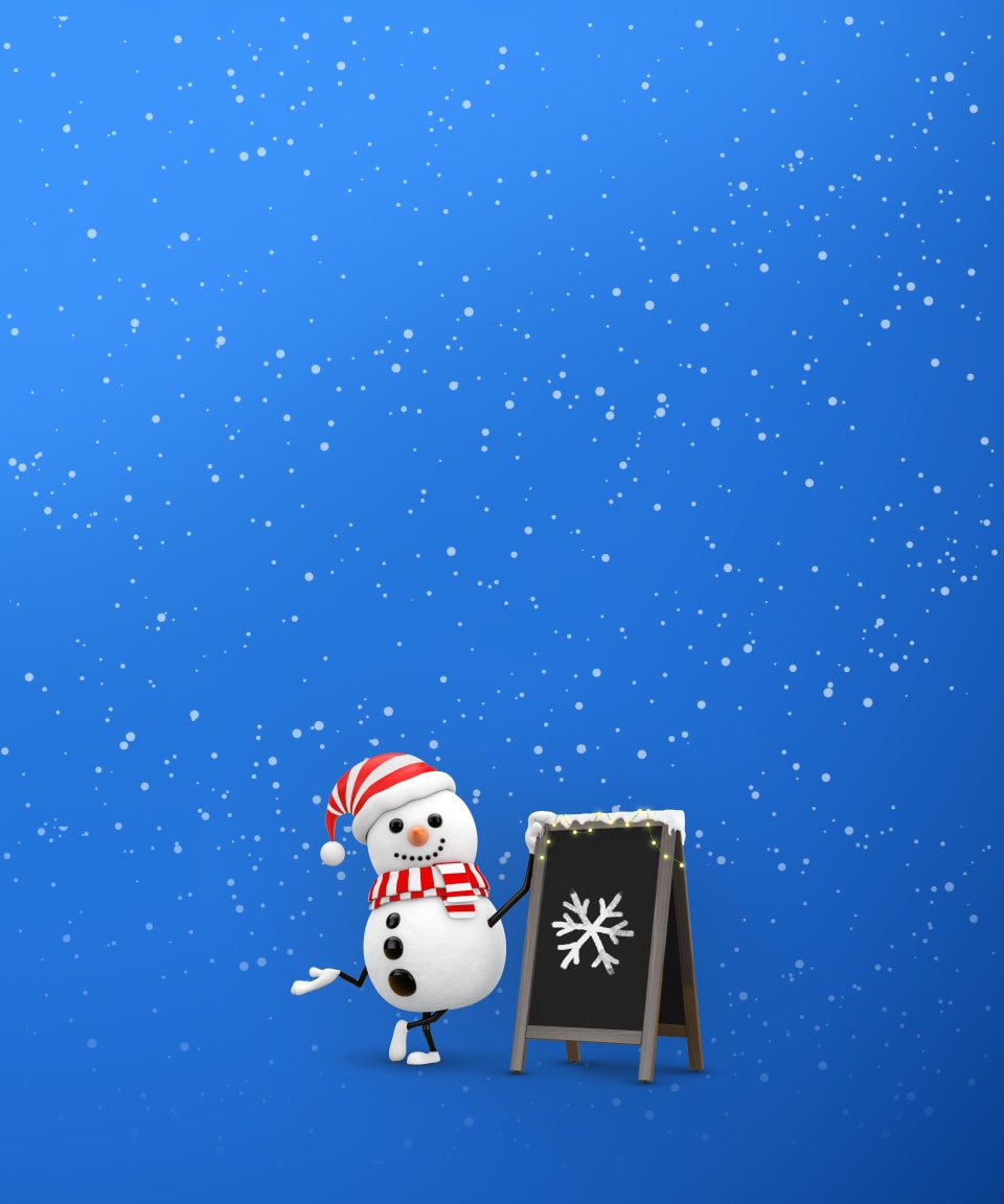 A snowman next to a chalkboard with a snowflake drawn on it for Confetti's Virtual Winter Pictionary
