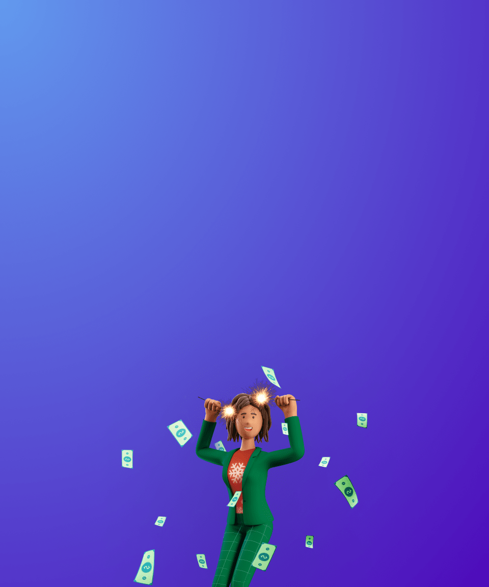 Money surrounding a businesswoman dressed in a red and green outfit holding sparklers for Confetti's Virtual Holiday Jeoparty