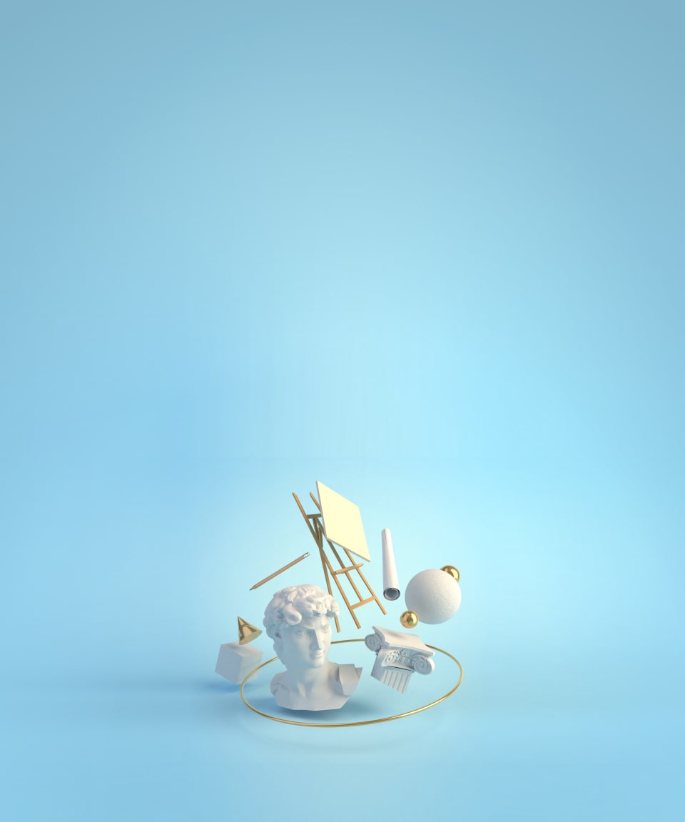 3D floating Greek sculptures and column against a blue background (small)