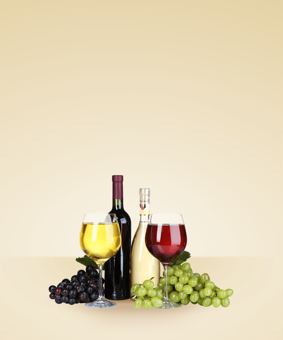 Glasses of red wine and white wine, bottles of wine, and grapes (small)