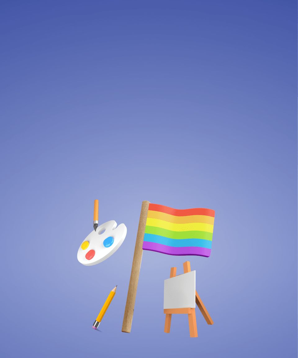 A pride flag, paint palette, and easel (small)