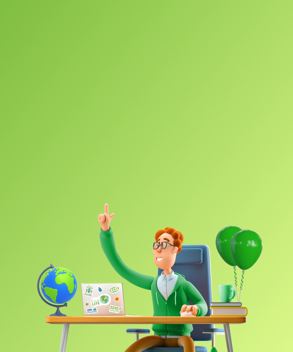 An employee wearing a green hoodie at a desk next to a globe and green ballons raising their hand to answer a question for Confetti's Virtual Earth Day Trivia