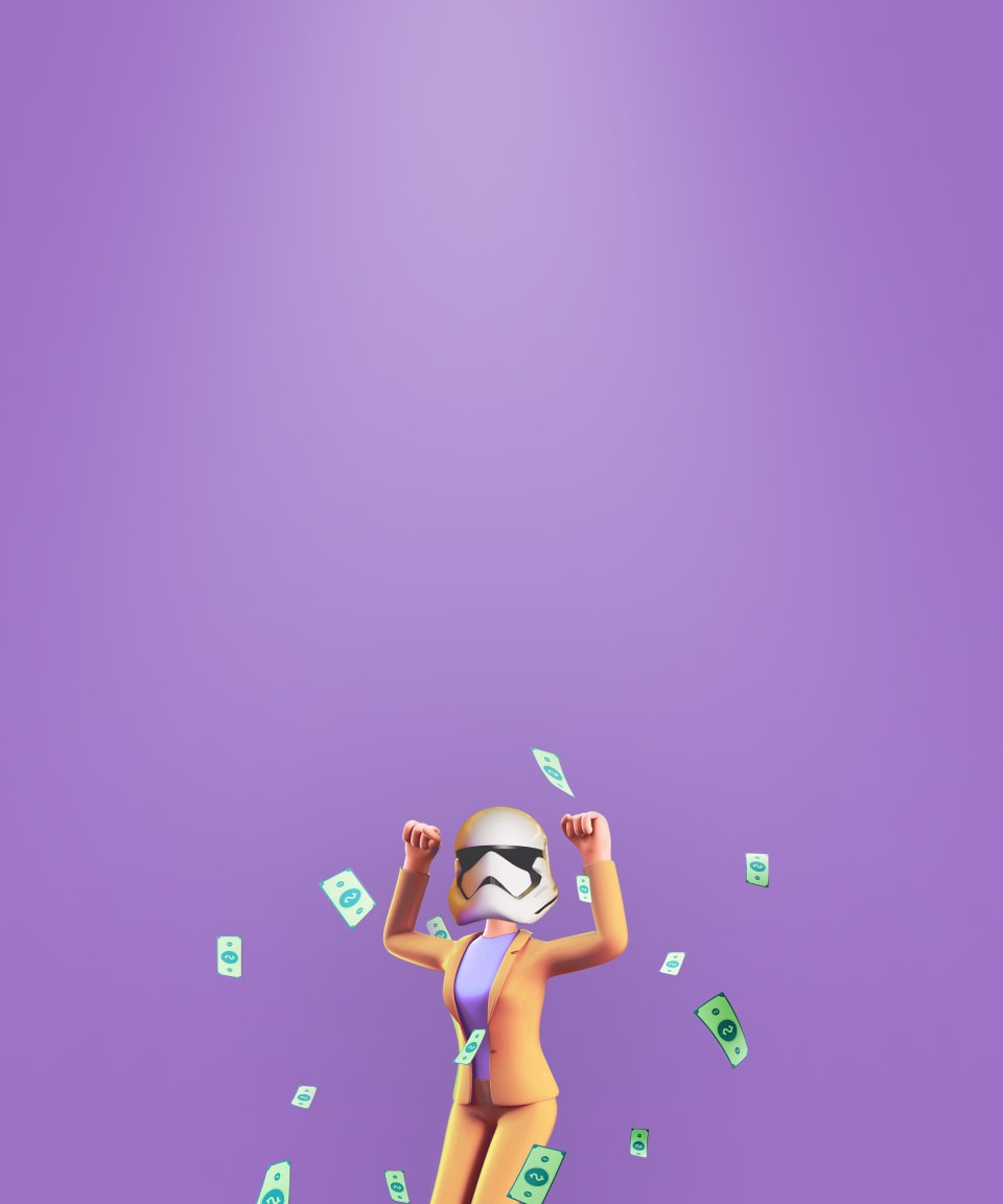 Money falling around a businesswoman wearing a Storm Trooper helmet for Confetti's Star Wars Jeopardy (Small)