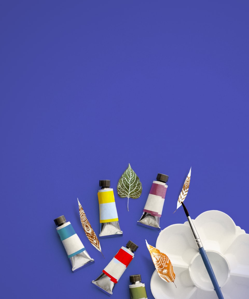 Tubes of paint, paper fall leaves, palette, and paintbrush (small)