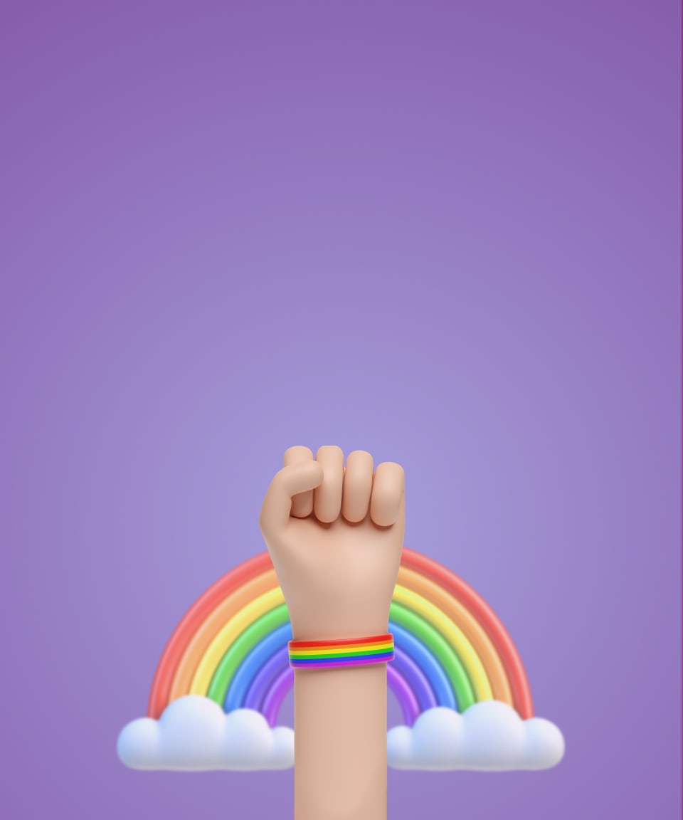 A raised fist in front of a big rainbow for Confetti's Virtual LGBTQIA+ Allyship in the Workplace