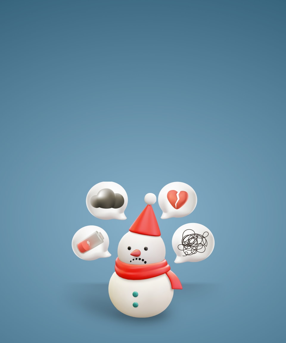 A snowman with four speech bubbles showing drained batteries, scribbles, a broken heart, and a dark cloud for Confetti's Virtual Managing Holiday Stress