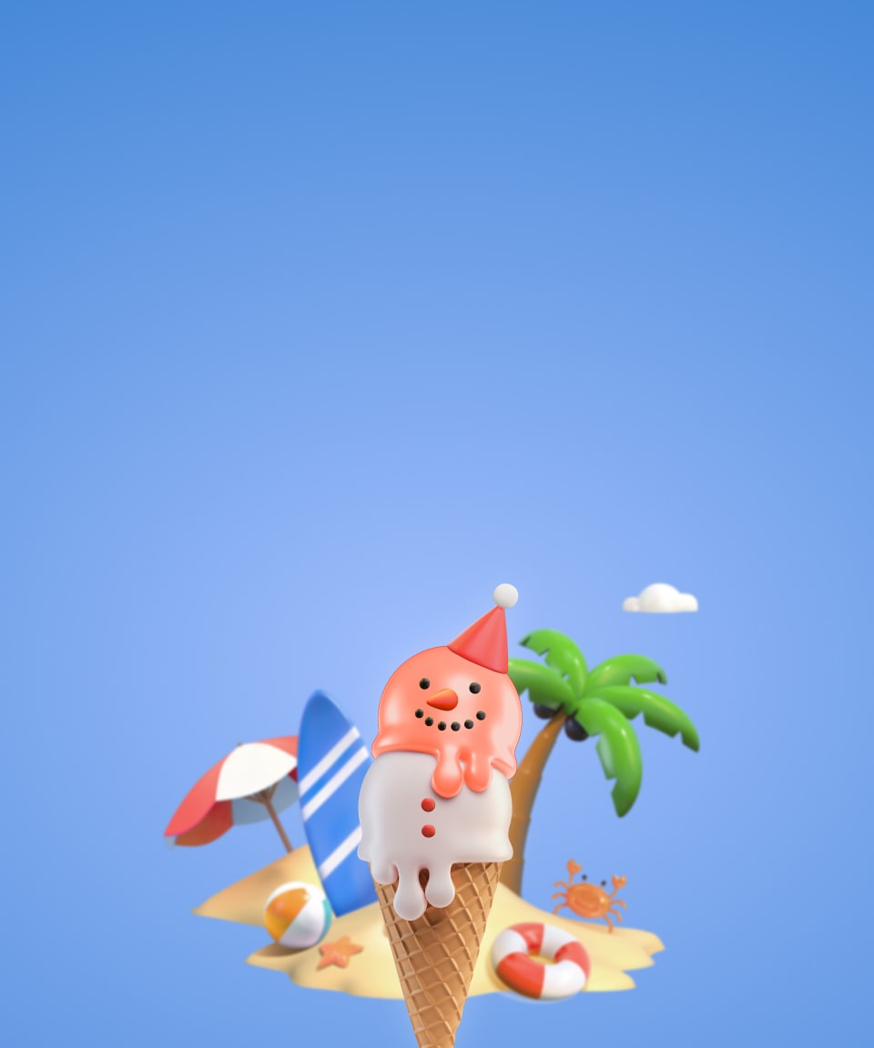 A snowman themed ice cream cone in front of a beach scene with a crab, surfboard, palm tree, and beach ball for Confetti's Virtual Holiday Escape Quest