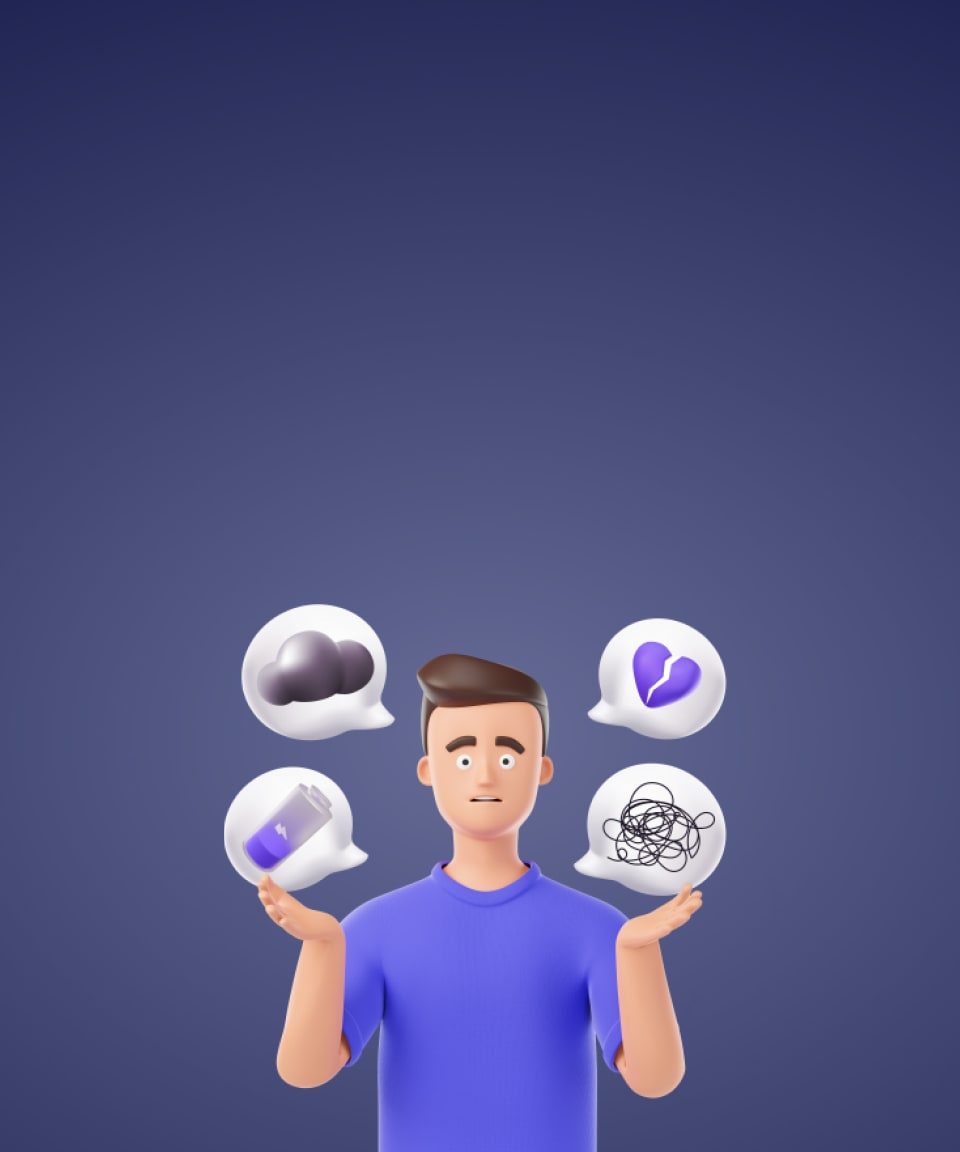 Man with speech bubbles showing low energy, confusion, and sadness for Confetti's Stress Management Workshop for Employees