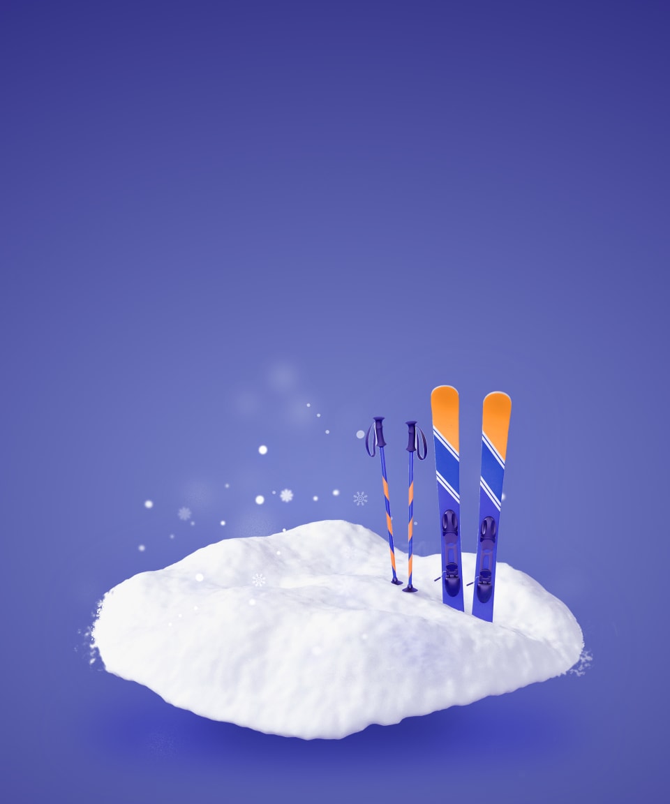 Skis and ski poles stuck in the snow for Confetti's Virtual Winter Sports Racing