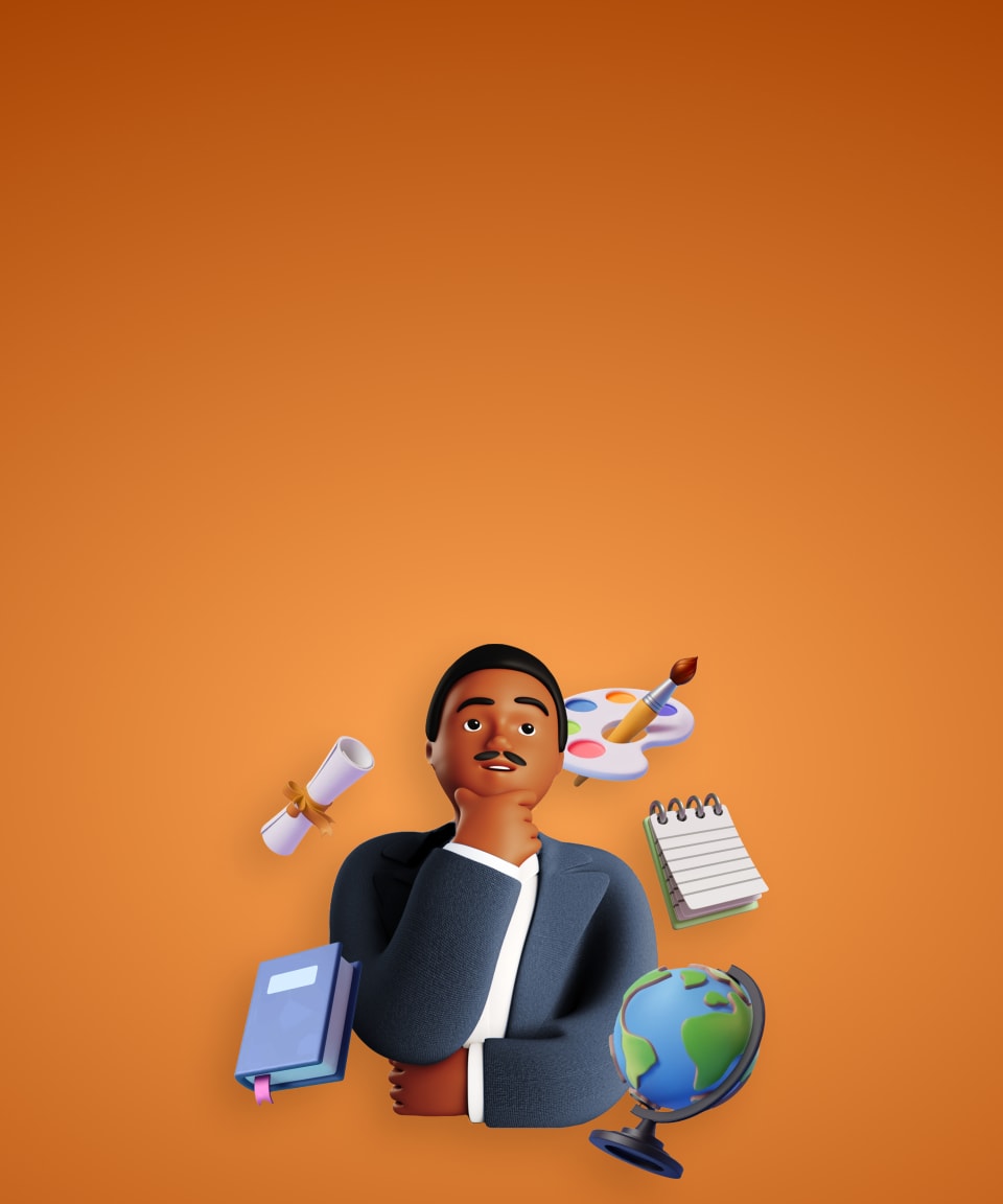 A cartoon illustration of MLK surrounded by a diploma, book, globe, a paint palette, and a notebook for Confetti's Virtual Exploring MLK's Legacy Through Art