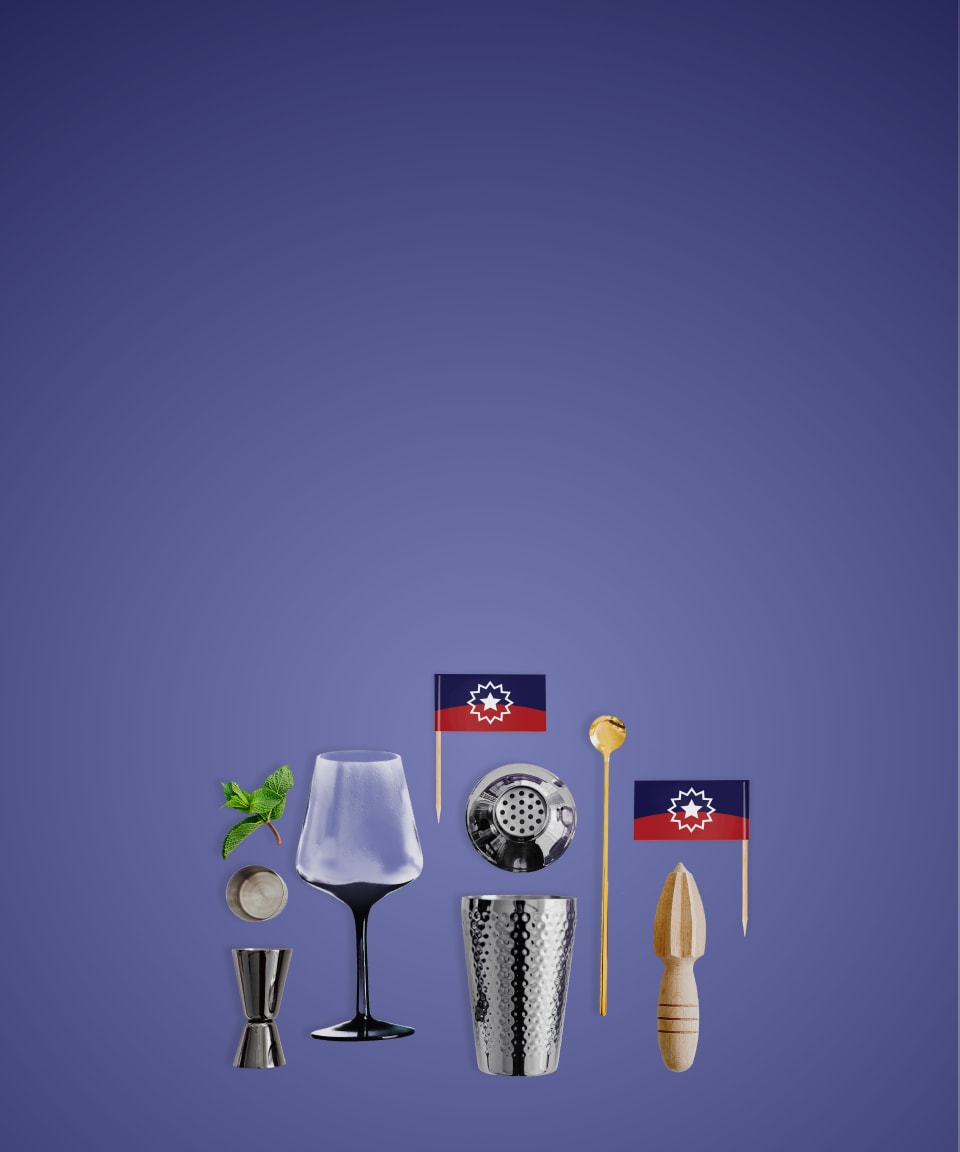 Bar accessories, cocktail glass, and Juneteenth flag (small)