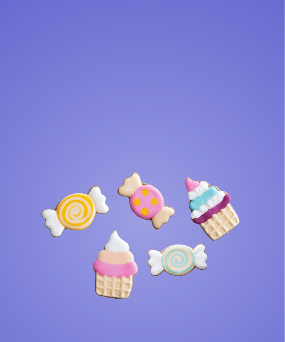 Colorful, iced cookies in cupcakes and candy shapes for Confetti's Virtual Custom Cookie Decorating