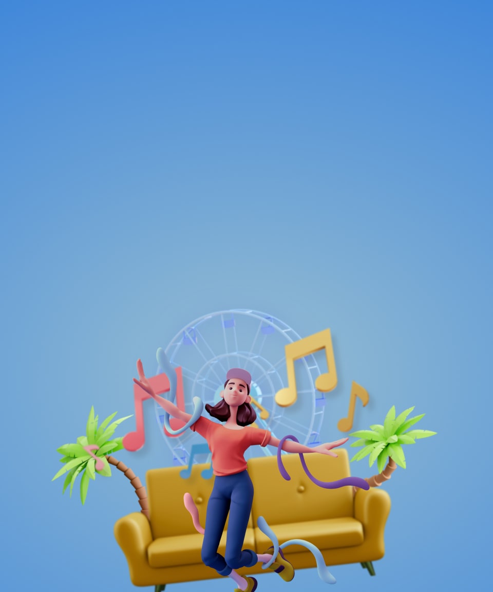 Music notes surrounding a person in front of their couch for Confetti's Virtual Couchella