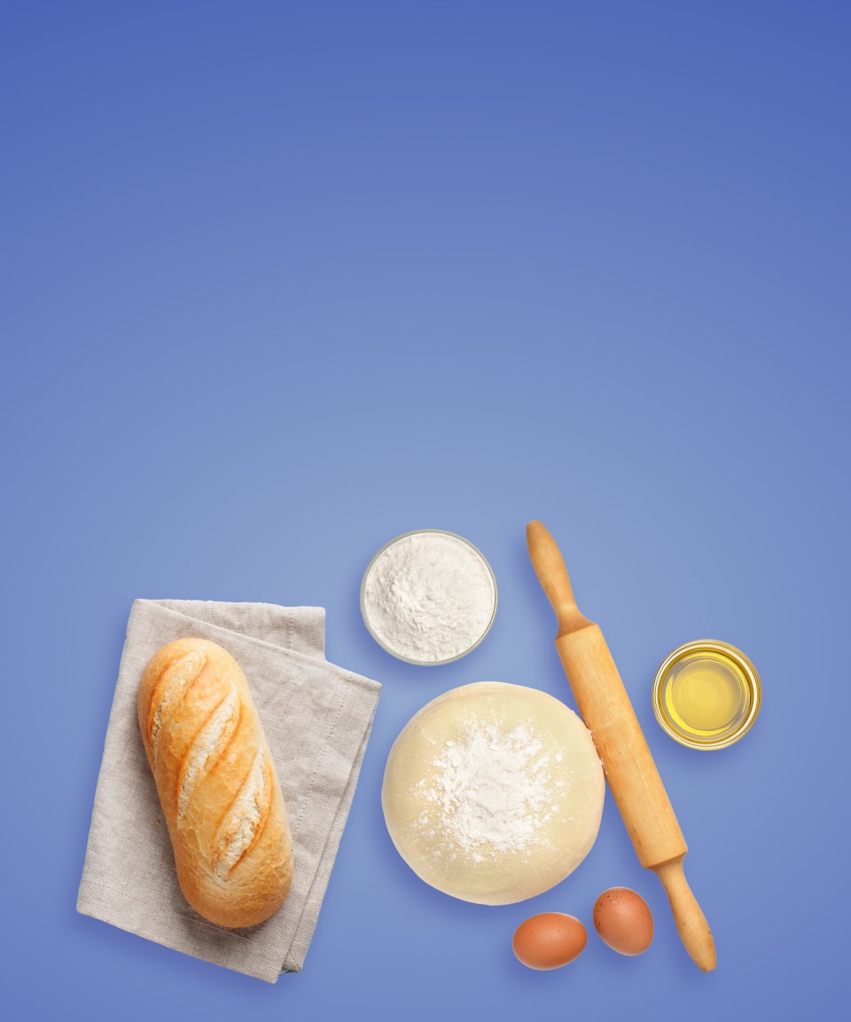 Loaf of bread, dough, oil, flour, eggs, and a rolling pin (small)