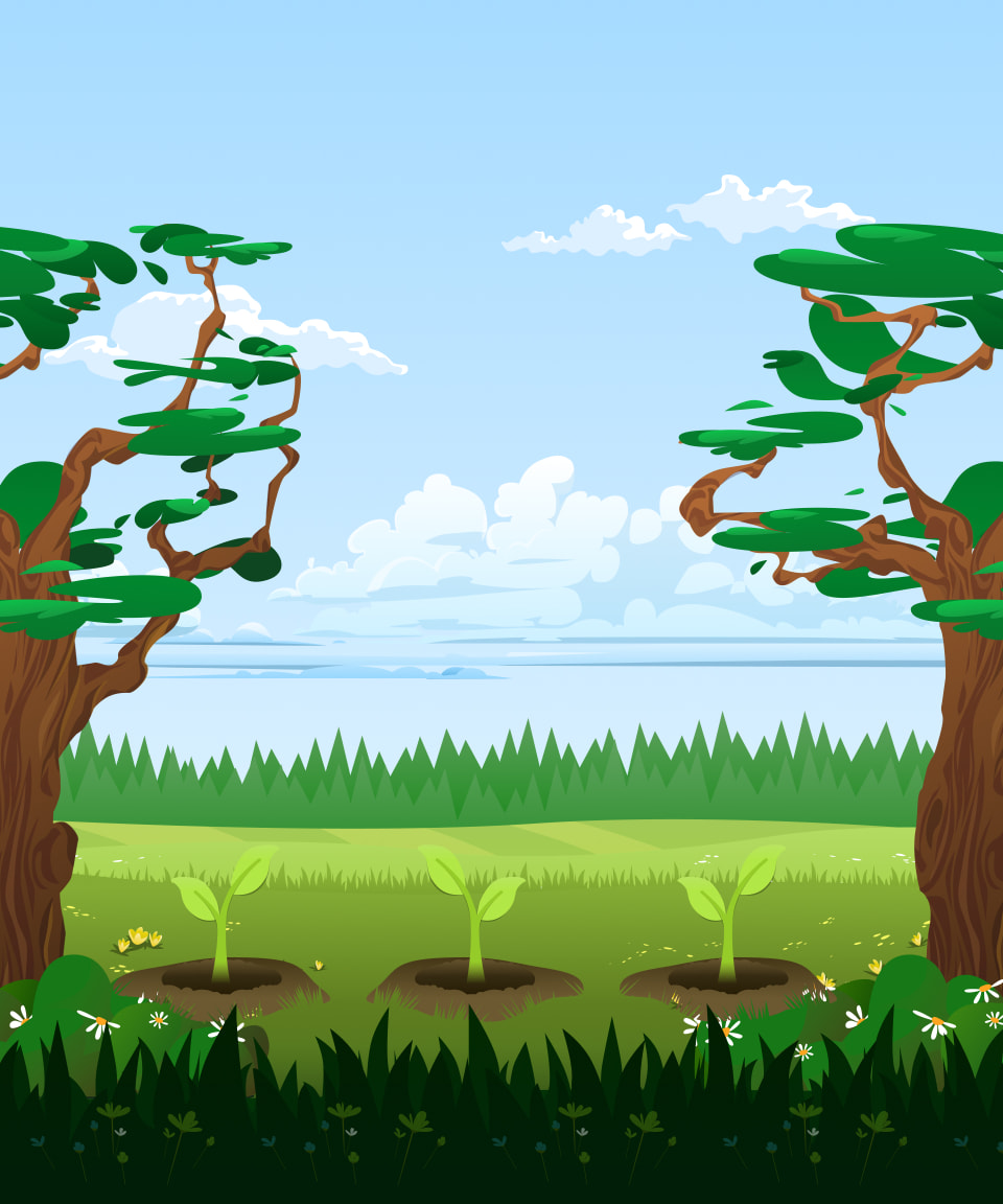 Three sprouts coming out of the ground in between two larger trees for Confetti's Virtual Earth Day Mini Games