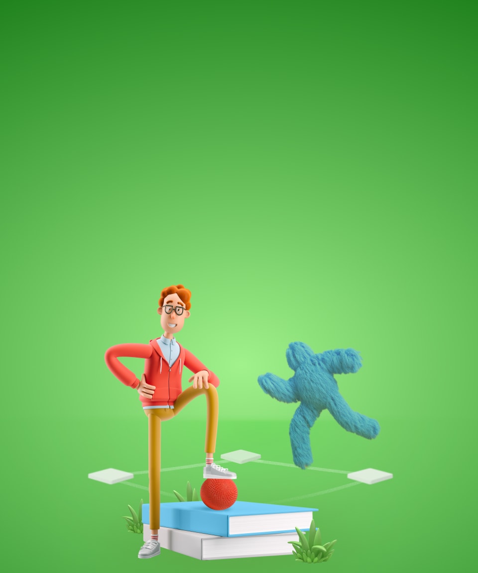 A man posing with his foot on a stack of books while a blue furry monster runs the diamonds on a kickball field in the background for Confetti's Virtual Trivia Kickball