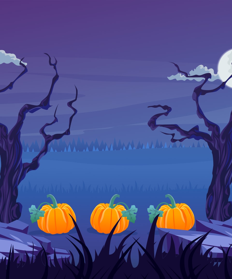 A glowing jack-o-lantern in front of a spooky house for Confetti's Virtual Halloween Mini Games