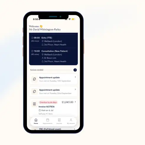 Screenshot of home dashboard for patient account in app