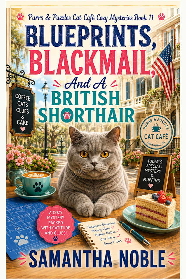 Blueprints, Blackmail, And A British Shorthair: A Dead Developer, Dangerous Secrets, and One Very Observant Cat (Purrs and Puzzles Cat Café Cozy Mysteries)